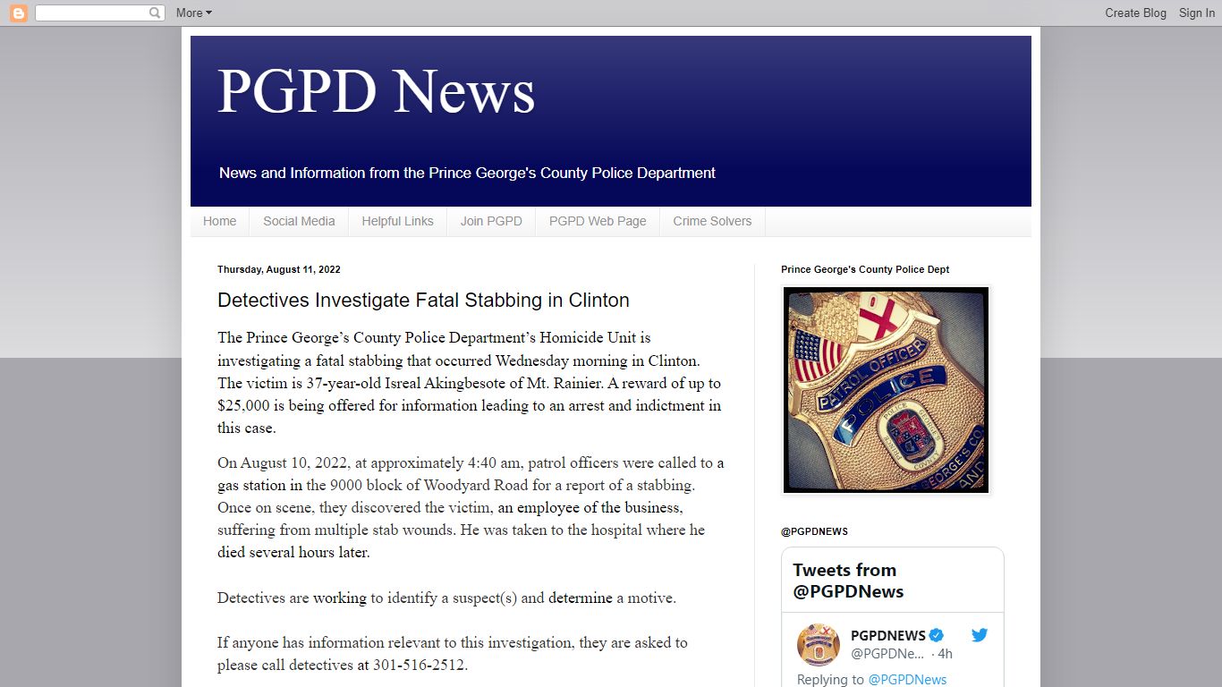 PGPD News: Detectives Investigate Fatal Stabbing in Clinton
